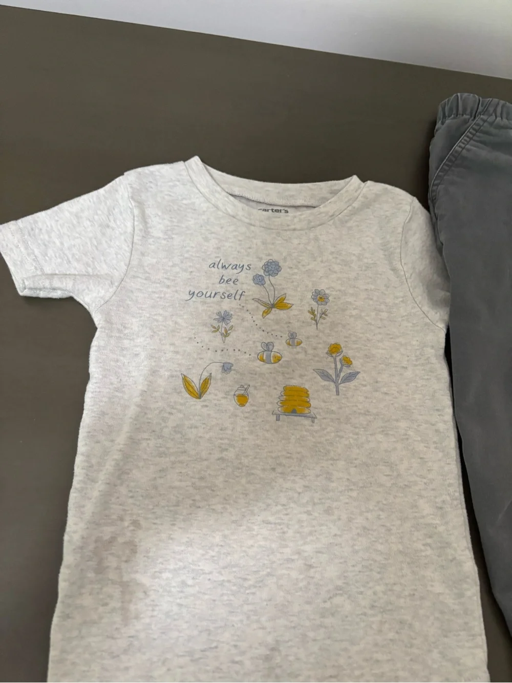 Carter's Light Gray Bee Graphic Tee with Yellow Accents and gray pants, matching